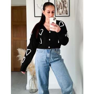 Wyeysyt Valentine Heart Sweater Cardigan for Women Cropped Knit Sweater Cute Button Down V Neck Cardigan(Black-S)