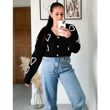 Wyeysyt Valentine Heart Sweater Cardigan for Women Cropped Knit Sweater Cute Button Down V Neck Cardigan(Black-S)