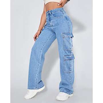 Women's High Waist Cargo Jeans Flap Pocket Baggy Cargo Pants Y2K Wide Leg Denim Jeans -XS Light Blue.