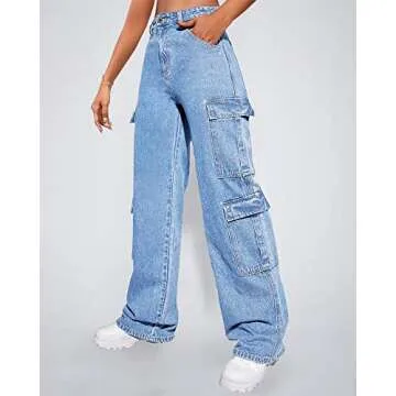 Women's High Waist Cargo Jeans Flap Pocket Baggy Cargo Pants Y2K Wide Leg Denim Jeans -XS Light Blue.