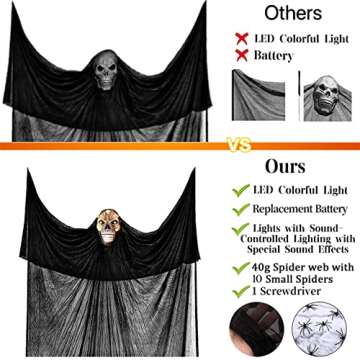 Lamgoa 12.3ft Halloween Ghost Hanging Decorations, Scary Hanging Reaper Motion Voice Activated with Creepy Sound & Glowing Mask Flying Ghost for Haunted House, Yard Home Party Indoor Outdoor Decor