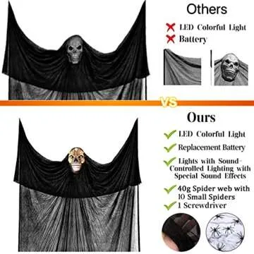Lamgoa 12.3ft Halloween Ghost Hanging Decorations, Scary Hanging Reaper Motion Voice Activated with Creepy Sound & Glowing Mask Flying Ghost for Haunted House, Yard Home Party Indoor Outdoor Decor