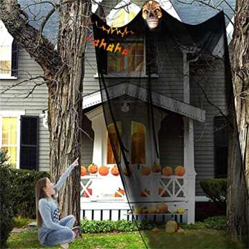 Lamgoa 12.3ft Halloween Ghost Hanging Decorations, Scary Hanging Reaper Motion Voice Activated with Creepy Sound & Glowing Mask Flying Ghost for Haunted House, Yard Home Party Indoor Outdoor Decor