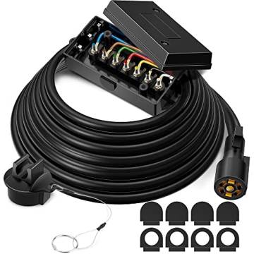 MICTUNING Heavy Duty 7 Way Plug Inline Trailer Cord with 7 Gang Junction Box 16 Feet, Weatherproof