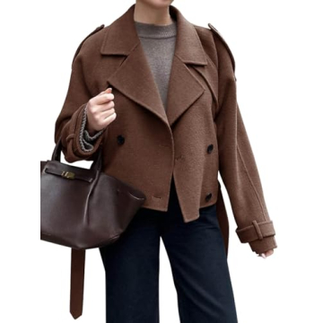 Tankaneo Womens Cropped Pea Coat Double Breasted Dressy Casual Notched Lapel Wool Blend Overcoat wit...