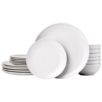 Amazon Basics 18-Piece Kitchen Dinnerware Set, Plates, Dishes, Bowls, Service for 6, White Porcelain Coupe