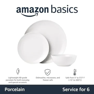 Amazon Basics 18-Piece Kitchen Dinnerware Set, Plates, Dishes, Bowls, Service for 6, White Porcelain Coupe