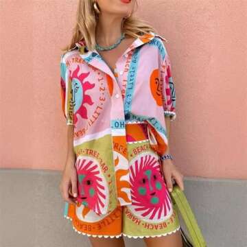 OrgeFy Leisure and fashionable versatile lace collar cardigan shirt set for women, printed shorts for women (Color : Color, Size : S), Small