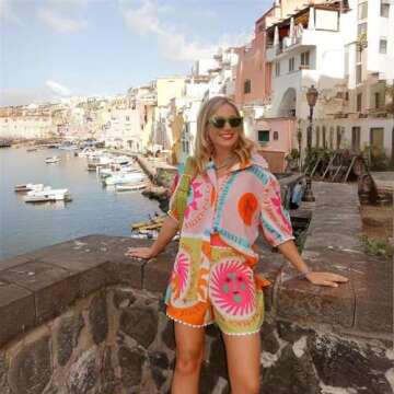 OrgeFy Leisure and fashionable versatile lace collar cardigan shirt set for women, printed shorts for women (Color : Color, Size : S), Small