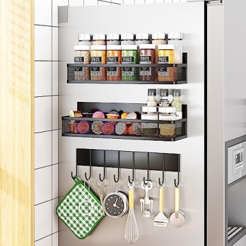 Aufworld Magnetic Spice Rack for Refrigerator - 3 Pack with 8 Hooks