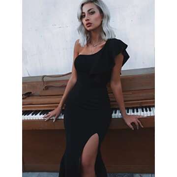 MakeMeChic Women's One Shoulder Sleeveless Ruffle Hem Split Cocktail Party Dress Black S