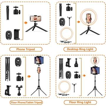12" Selfie Ring Light with Tripod Stand 72" Tall & Mini Desktop Tripod, PEYOU Ring Light Tripod with 4 Phone Tablet Holders & Shutter for YouTube/Makeup/TikTok/Photography, Compatible with iPhone iPad