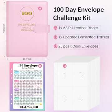 Sooez 100 Envelopes Money Saving Challenge, A5 Savings Challenge Book to Save $5,050, Money Saving Binder with Reusable Tracker, Save Challenge Book Challenge Kit with Cash Envelope, Purple