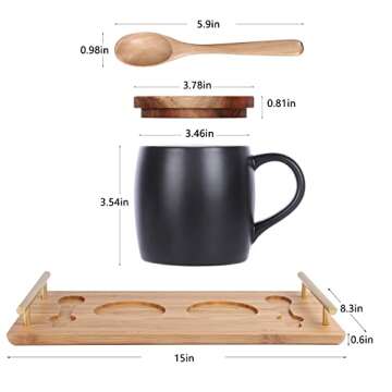 KKC HOME ACCENTS Ceramic Coffee Mug set of 2 with Bamboo Tray and Spoons, Black & White,Ceramic Cup ...