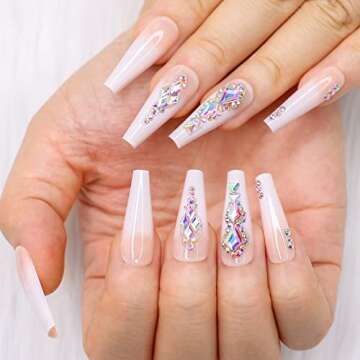 Artquee 24pcs Luxury 3D Press on Nails Long Ballerina Acrylic Fake Nail Art Glossy Coffin False Tips Manicure Stick for Women Decoration (French White Ombre)