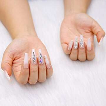 Artquee 24pcs Luxury 3D Press on Nails Long Ballerina Acrylic Fake Nail Art Glossy Coffin False Tips Manicure Stick for Women Decoration (French White Ombre)