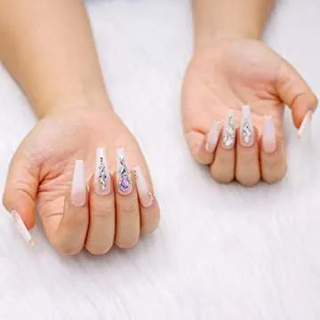 Artquee 24pcs Luxury 3D Press on Nails Long Ballerina Acrylic Fake Nail Art Glossy Coffin False Tips Manicure Stick for Women Decoration (French White Ombre)