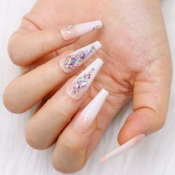 Artquee 24pcs Luxury 3D Press on Nails Long Ballerina Acrylic Fake Nail Art Glossy Coffin False Tips Manicure Stick for Women Decoration (French White Ombre)