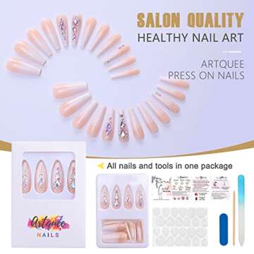 Artquee 24pcs Luxury 3D Press on Nails Long Ballerina Acrylic Fake Nail Art Glossy Coffin False Tips Manicure Stick for Women Decoration (French White Ombre)