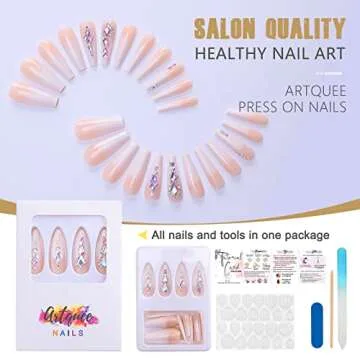 Artquee 24pcs Luxury 3D Press on Nails Long Ballerina Acrylic Fake Nail Art Glossy Coffin False Tips Manicure Stick for Women Decoration (French White Ombre)