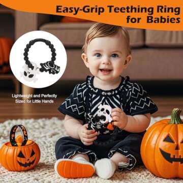 Halloween Baby Teething Ring Toys – Skull & Bat Silicone Teethers for Newborns, Infants & Toddlers – Sensory Chew Bracelet for Teething Relief – Perfect Baby’s First Halloween Basket Stuffers