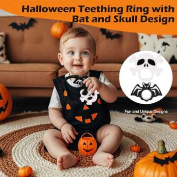 Halloween Baby Teething Ring Toys – Skull & Bat Silicone Teethers for Newborns, Infants & Toddlers – Sensory Chew Bracelet for Teething Relief – Perfect Baby’s First Halloween Basket Stuffers