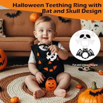 Halloween Baby Teething Ring Toys – Skull & Bat Silicone Teethers for Newborns, Infants & Toddlers – Sensory Chew Bracelet for Teething Relief – Perfect Baby’s First Halloween Basket Stuffers