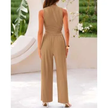 BTFBM Women Summer 2 Piece Outfits Ribbed Knit Crew Neck Sleeveless Cropped Top Elastic Waist Wide Leg Pants Lounge Set(Solid Camel, Small)
