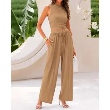 BTFBM Women Summer 2 Piece Outfits Ribbed Knit Crew Neck Sleeveless Cropped Top Elastic Waist Wide Leg Pants Lounge Set(Solid Camel, Small)
