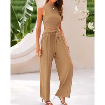 BTFBM Women Summer 2 Piece Outfits Ribbed Knit Crew Neck Sleeveless Cropped Top Elastic Waist Wide Leg Pants Lounge Set(Solid Camel, Small)