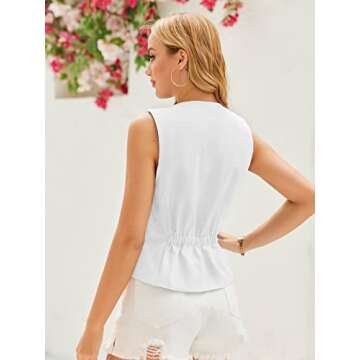 GAMISOTE Women Buttons Vest Crop Vintage Sleeveless V Neck Casual Chiffon Waistcoat White