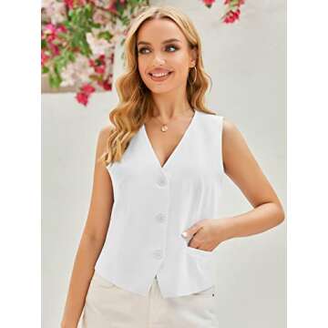 GAMISOTE Women Buttons Vest Crop Vintage Sleeveless V Neck Casual Chiffon Waistcoat White