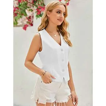 GAMISOTE Women Buttons Vest Crop Vintage Sleeveless V Neck Casual Chiffon Waistcoat White