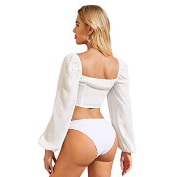 Romwe Women's Sweetheart Neck Tie Knot Front Long Sleeve Crop Tops Blouse Light White Medium