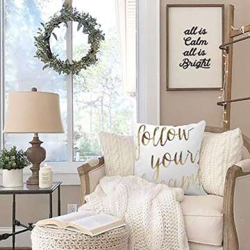 4TH Emotion Gold Follow Your Dreams Inspirational Quotes Throw Pillow Case Cushion Cover Polyester 18x18 Inches for Sofa Couch