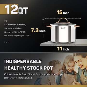 Ciwete Stock Pot 12 Quart, 18/10 Tri-Ply Stainless Steel All Clad Stock Pot with Lid, Seamless 12 QT Soup Pot with Copper Handle, Healthy Stockpots, Induction, Oven, Gas and Dishwasher Safe