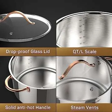 Ciwete Stock Pot 12 Quart, 18/10 Tri-Ply Stainless Steel All Clad Stock Pot with Lid, Seamless 12 QT Soup Pot with Copper Handle, Healthy Stockpots, Induction, Oven, Gas and Dishwasher Safe