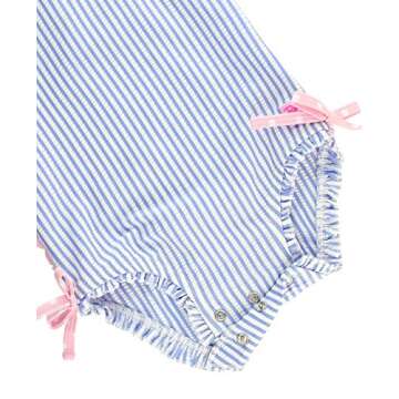 RuffleButts® Baby/Toddler Girls Long Sleeve One Piece Swimsuit - Blue Seersucker with UPF 50+ Sun Protection - 6-12m