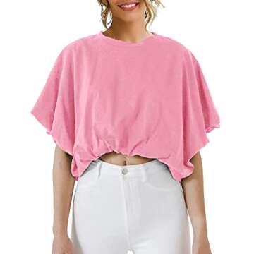 Women's Summer Crewneck Crop Tops Short Sleeve Casual Loose Cropped T Shirts Pink