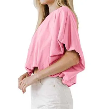 Women's Summer Crewneck Crop Tops Short Sleeve Casual Loose Cropped T Shirts Pink
