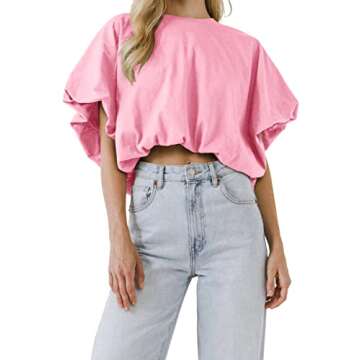 Women's Summer Crewneck Crop Tops Short Sleeve Casual Loose Cropped T Shirts Pink