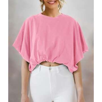Women's Summer Crewneck Crop Tops Short Sleeve Casual Loose Cropped T Shirts Pink