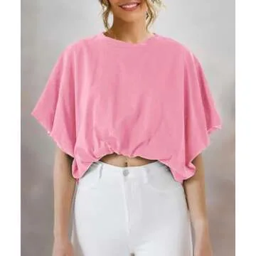Women's Summer Crewneck Crop Tops Short Sleeve Casual Loose Cropped T Shirts Pink