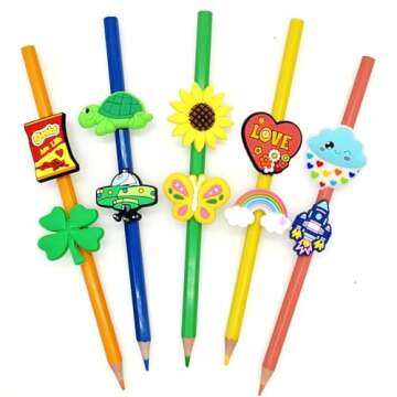 YEALQU 100PCS Random Different Pencil Topper Decoations Cute PVC Pencil Toppes Lovely Black Clip Pen...
