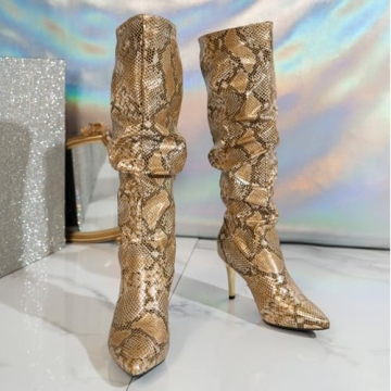 SACFOF Stylish Snakeskin Knee High Stiletto Boots for Women