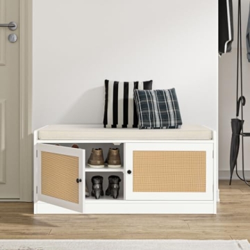 Anmytek Rattan Shoe Bench with Storage & Cushion Seat