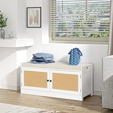Anmytek Rattan Shoe Bench with Storage & Cushion Seat