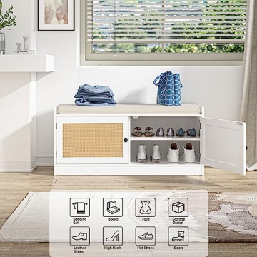 Anmytek Rattan Shoe Bench with Storage & Cushion Seat