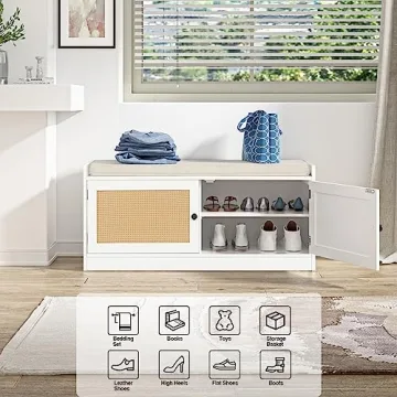 Anmytek Rattan Shoe Bench with Storage & Cushion Seat