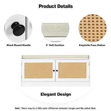 Anmytek Rattan Shoe Bench with Storage & Cushion Seat